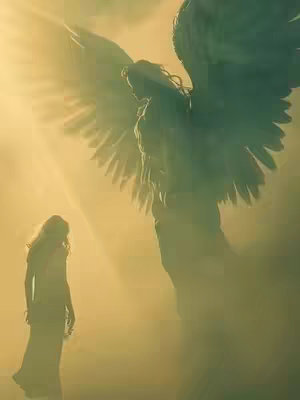 A vertical image depicts a scene from a spiritual context. A woman in a long white dress stands in the lower left corner, her back to the viewer, facing towards a large angel. The angel, positioned to the right, has large, detailed dark wings and a flowing gown. The lighting is ethereal with a warm, golden glow throughout the image, suggesting a heavenly or radiant setting and a sense of protection.