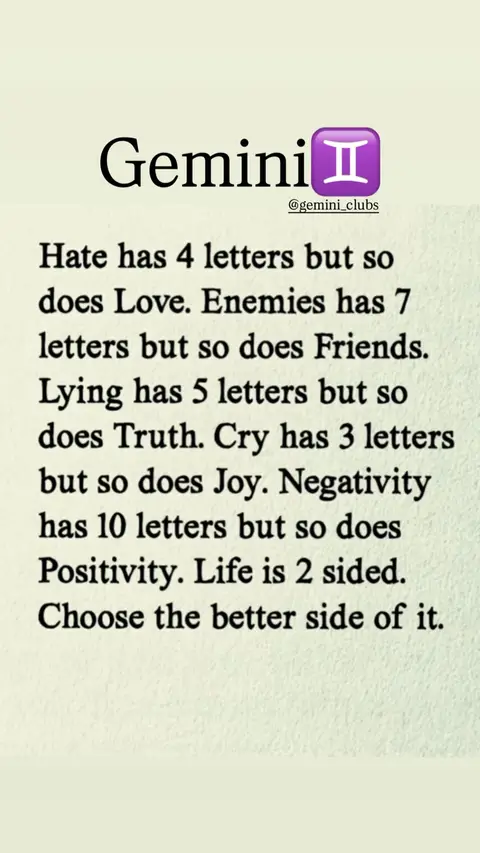 The image is a text-based graphic with a light, off-white background. Large, bold text at the top reads 'Gemini' with an astrological symbol. Below, a series of statements compare pairs of words with equal numbers of letters, using quotes to emphasize comparisons about life choices.