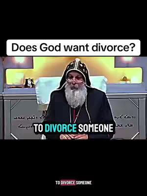 The image is vertically oriented and presents a man, who appears to be a religious leader, speaking into a microphone. Above him, a text overlay asks, 'Does God want divorce?'. The man is wearing a black robe and a religious head covering, with a gray beard. The background features a gold-colored structure with a cross. The text 'To divorce someone' is below and between them. The background is a dark room with gold-colored lighting. The composition centers on the speaker, with text elements providing context.