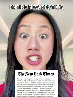 A woman with wide eyes and an open mouth is centered, framed by a text overlay above. Below, a section of a New York Times article is visible, adding context.