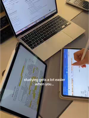 The cover image shows a desk with a laptop, two tablets, and a calculator. The laptop screen displays a document, along with two tablets placed below; one tablet shows notes being taken with a stylus, while the other displays a page with highlighted text. The scene suggests a student's study setup. The text overlay indicates the start of study tips.