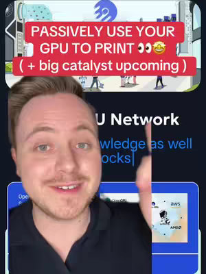 A man in a black shirt is pointing towards a screen displaying a cryptocurrency-related app interface. The text overlay reads 'PASSIVELY USE YOUR GPU TO PRINT' in a red box with a small laughing emoji. The background shows an abstract design.