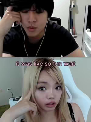 The cover image is a split-screen showing two people. The top half features a young man with dark hair and a black shirt, looking downwards with a serious expression. The bottom half displays a young woman with blonde hair, looking directly at the camera with a surprised expression. Text overlayed states 'it was like so fun wait'.