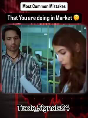 The image shows a scene that appears to be a still from a video. Two individuals are in focus: a man on the left, looking contemplative, and a woman to the right, seemingly engrossed in reading a document. The setting looks like an office environment, with faint outlines of other people in the background, suggesting a workplace. Overlayed text indicates the video's topic is related to "Most Common Mistakes" in the market. The lower portion has the username "Trade_Signals24" with various visual elements reinforcing this.