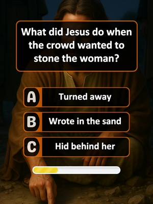 The image is a quiz question presented in a vertical format. It features an illustration of a light-skinned man, likely representing Jesus, with long hair and a beard, wearing a draped garment. The main element is a quiz question framed in a black rounded rectangle with white text, overlaid on top of the illustration. Below the question, there are three answer options, formatted as rectangular buttons labeled A, B, and C. A progress bar appears at the bottom of the screen. The background is a blurred gradient of brown and is out of focus, directing attention to the question and the answer options.