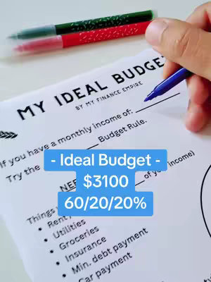 The image shows a close-up view of a budgeting template with the words 'MY IDEAL BUDGET' at the top set against a white surface. Below, centered in a blue box, is written '-Ideal Budget- $3100 60/20/20%'. A hand with a blue pen is poised above the paper, suggesting the start of writing. There are also colored pens at the top.