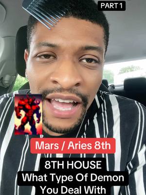 A selfie-style video thumbnail featuring a man with a comb on his head, in the driver's seat of a car, with overlaid text and graphic elements related to astrology.
