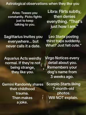 A vertical image with a soft focus background of green leaves and water droplets. Overlayed on the image is a list of astrological observations about how people act when they have a crush on someone. The text is set in a clean, sans-serif font.