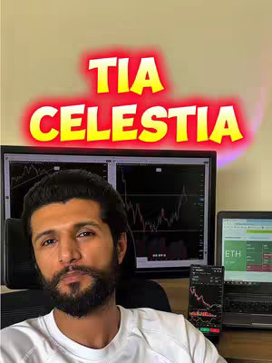 The cover image features a man in a white shirt, seated and looking towards the camera. Behind him are two computer screens displaying stock charts, with a laptop and a smartphone showing similar data. The background has a light beige color. Overlayed at the top is the text "TIA CELESTIA" in bold, yellow letters with a red glow effect.