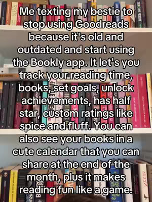 An image depicting a bookshelf with rows of books, with text overlayed explaining the benefits of using the Bookly app for book tracking.