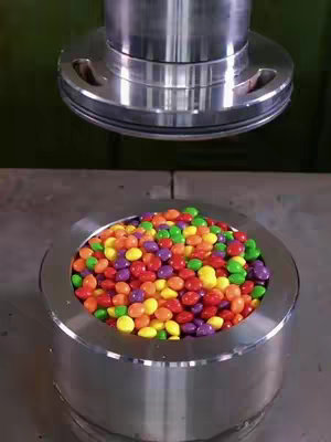 An overhead shot of a container filled with colorful candies beneath a large silver metal cylinder. The candies are a variety of colors, including red, orange, yellow, green, purple, and brown, and fill the container to the top. The cylinder above is also silver and has a flat bottom. The scene is industrial or mechanical in setting.