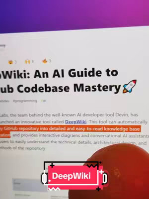 The cover image shows a computer screen displaying text about DeepWiki, an AI tool for understanding GitHub codebases. The screen is the primary focus, with a hand holding an orange object in the foreground, partially obscuring some lower parts of the text. A graphical overlay reading DeepWiki is placed near the bottom. The screen shows a bright white background with black text.