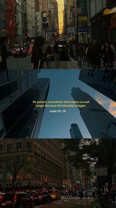 The cover image is a composite of three vertical scenes. The top and bottom scenes depict city streets with buildings and vehicles during daylight. The middle scene shows a view looking upward at tall buildings against a gradient sky, with overlaid text containing an inspirational quote and a Bible reference.