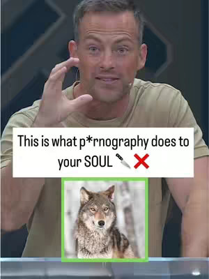 The image features a man gesturing with his hand as he speaks, with overlayed text that is inside of of a white box that says, "This is what pornography does to your soul" and a wolf inside of a green box.