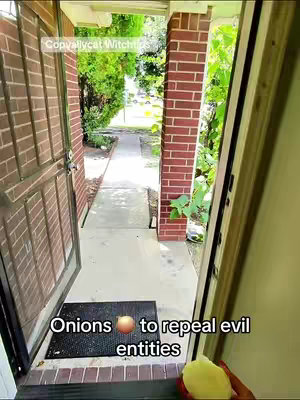 The image shows an open door, with a sidewalk leading away from the viewer. On the doormat are the words 'Onions to repel evil entities.' A hand holds a piece of a white onion.