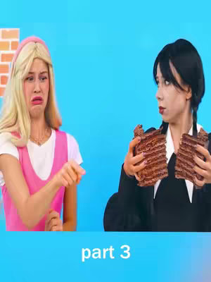 The image is a split composition with two women in costume. The left side shows a woman with blonde hair and a pink dress making a distressed face. On the right, another woman dressed as Wednesday Addams holds two rectangles of what appears to be a chocolate cake. Light blue background.