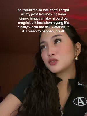 A young woman with a warm skin tone gazes slightly upwards, expressing emotion. She has luscious, dark hair, and she's wearing a dark top that appears to have a zipped front. Text overlaid in a clear white font lists a narrative in Filipino and English, adding context to the image. The backdrop has warm brown shades, which suggests subdued lighting. The overall composition seems focused on conveying feelings and story.