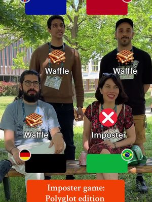 A group of four people, three men and one woman, are seated on a bench outdoors with a background of green trees. Each person has a graphic associated with them: a waffle and a flag. The bottom person on the right has an X over their image. The text reads "Imposter game: Polyglot edition."