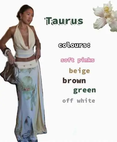 A cover image featuring a woman in a white dress with floral prints. Text overlays indicate the zodiac sign 'Taurus' followed by 'colors' listed below. To the right, a white flower adds a delicate touch. The composition has a bright atmosphere.