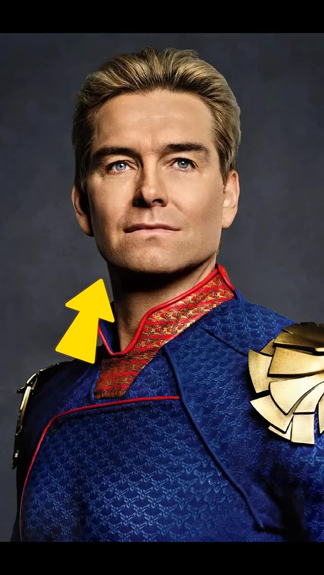 The cover image features a close-up of Antony Starr, known for his role as Homelander, against a blurred dark background. He is wearing a costume with a blue and gold design. A bright yellow arrow points at his neck area. Focus is on his face, with a slightly smug expression illuminated by soft lighting.