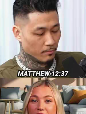 The cover image is split into two sections. The top half features the close-up of a man with tattoos, wearing a necklace, and eyes closed. The bottom half displays a woman with blonde hair, in front of of a living room. The text overlayed at the bottom says "Matthew 12:37".