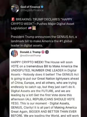 The cover image is a screenshot of a Twitter post. It features text from two different accounts. The top account is "God of Finance" with the handle "@thegodoffinance" and the second account is Donald J. Trump with the handle @realDonaldTrump. The Trump post discusses "Happy Crypto Week" and the passing of a bill to make America a leader in digital assets.
