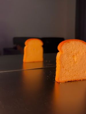 A slice of toast is positioned in the foreground on a reflective, dark surface, with its mirror image visible behind. The background is a dark, blurred setting. The toast itself has a golden-brown color along the body and a slightly darker edge to its crust.