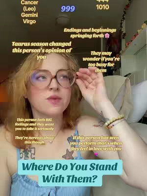A woman with blonde hair and glasses looks up, holding a pair of glasses. The background includes text bubbles with astrological and relationship advice, as well as numbers and symbols.