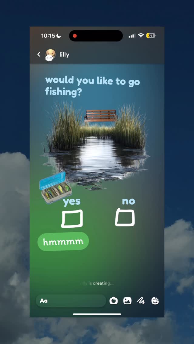The cover image is a digital artistic rendering displayed on a smartphone screen. The scene depicts a tranquil waterscape with a shoreline of green reeds, and a wooden bench sits atop a small platform in the water. A fishing tackle box is visible on the left, and below the waterscape, prompts labeled 'yes' and 'no' are displayed with check boxes. Below these controls is a large green button displaying the text 'hmmmm'. The top of the screen shows a time and battery percentage on the top right is, with a profile icon on the top left. A stylized blue sky with wispy clouds forms the background.