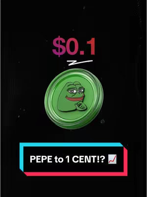 The cover image is a vertical graphic with a black background. In the center, there's a 3D render of a casino chip-like coin, green with the Pepe the Frog meme character. Above the coin, in bold, colorful text that reads '$0.1' with a white zig-zagging line under it. At the bottom, a colored bar contains the text 'PEPE to 1 CENT!?' with an upward trending graph icon at the end. The overall tone indicates financial speculation or a prediction related to the PEPE crypto.