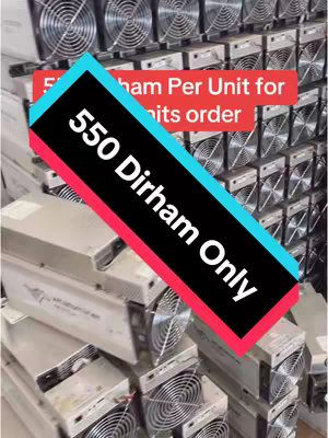 The cover image is a photograph of a large number of electronic devices, presumably Bitcoin miners, stacked upon each other. The devices are rectangular with visible fans and cooling components. A text overlay on a diagonal, multi-colored banner displays pricing information in Arabic numbers for the miners.