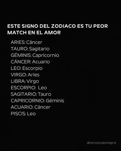 A black background with white text. The text in the center reads, 'ESTE SIGNO DEL ZODIACO ES TU PEOR MATCH EN EL AMOR' (This zodiac sign is your worst match in love). Below this are pairs of zodiac signs, indicating the worst match for each. The bottom right corner contains a username, '@horoscoponegro'.