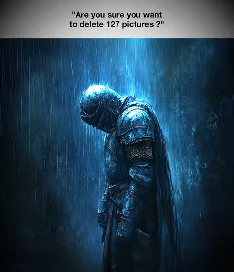 A digital illustration depicts a medieval knight in full armor standing in a rainstorm. The knight is seen from a side profile, head bowed, appearing to be deep in thought. Rain falls heavily, creating a blurred, dark blue background that contrasts with the knight's detailed armor, which reflects the dim light. The overall mood is somber and reflective.