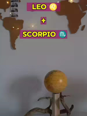 The cover image is a still life with a light purple wall in the background. Hanging on the wall is a wooden world map. There are also string lights. In the foreground, there is a wooden structure with a globe on top. Two text overlays are present: one at the top that shows 'LEO' with the symbol and appears on a pink background and the other text overlay that displays 'SCORPIO' with the symbol, on a pink background.