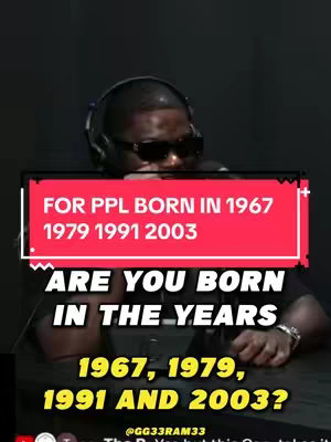 The image shows a man wearing sunglasses and headphones set against a dark background. Overlayed on the image are multiple text boxes, with a red rectangle containing the question "ARE YOU BORN IN THE YEARS". Below this, there are multiple years listed in yellow font: 1967, 1979, 1991, and 2003.