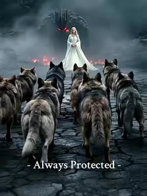 The image shows a woman in a white dress standing on a cracked stone surface surrounded by several wolves. Behind her, a dark structure is partially obscured by mist and smoke. Text overlayed at the bottom reads "- Always Protected -"