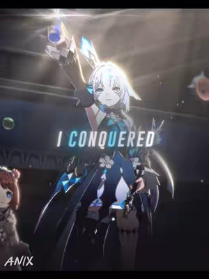 The cover image showcases a computer-generated anime character, a white-haired female figure in a dark outfit accented with shades of blue and silver. She strikes a heroic pose, raising an arm with part of a weapon or accessory pointed up, set against a blurred, architectural-looking background. Text "I CONQUERED" is in block lettering across the bottom of the image, and the overall lighting gives a dramatic feel. To the left, there is another character.