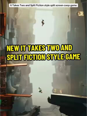 The cover image shows a split-screen view of a video game, featuring an abstract, vertical landscape with floating platforms and two small figures. The foreground has stylized rocky structures, while the midground shows a vast chasm. Overlay text emphasizes the 'It Takes Two' and 'Split Fiction' game styles.