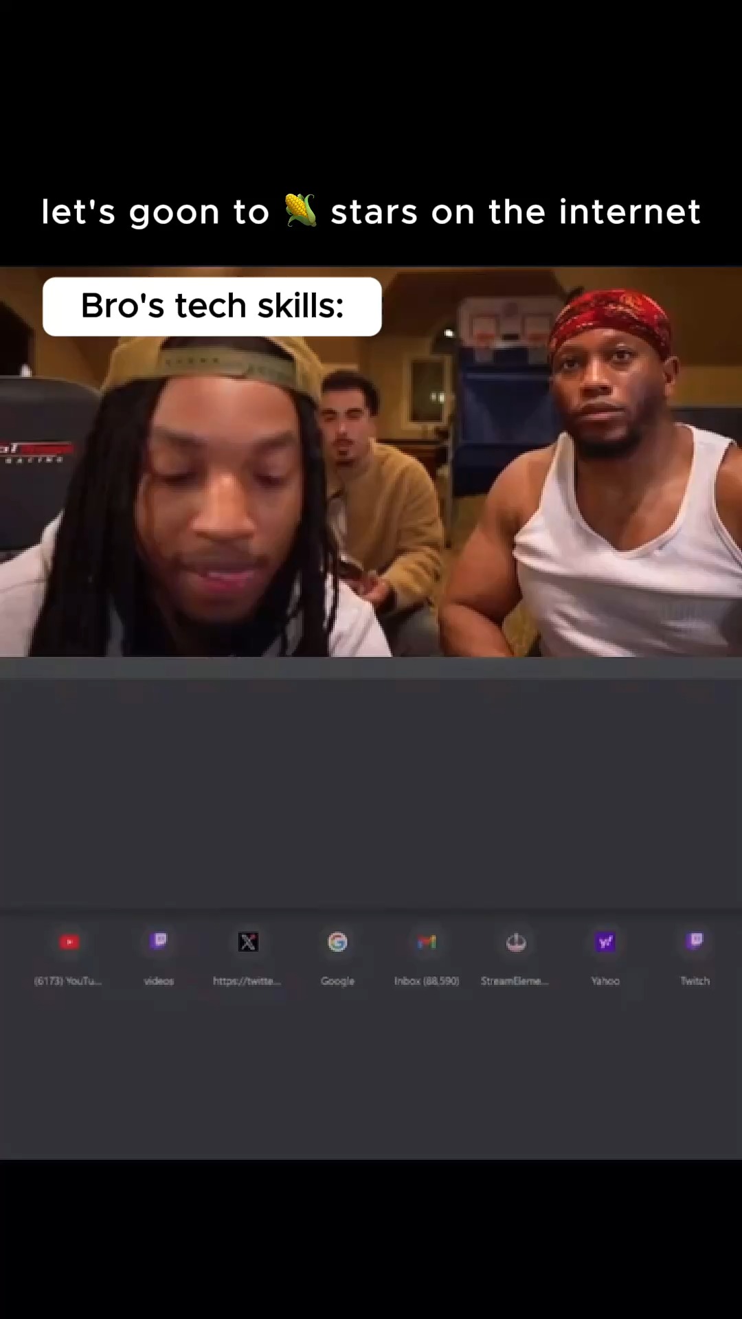 The cover image is a screenshot of a video featuring three men in a room. The central figure, to the viewer's left, is a Black man with long, dark dreadlocks, wearing a green cap and a white t-shirt. To his right is a man with a white tank top. A third man is visible in the background, behind the central figures. Below the men, a blurred image of computer application icons is visible, and the text "Bro's tech skills:" is shown in a white opaque box above the men.