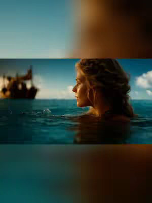 The image features a serene scene of a woman in the ocean, likely a mermaid, with her profile facing away from the viewer. The ocean surface reflects the sky, and the background holds a distant, blurred ship, suggesting a maritime setting and a potential fantasy theme.