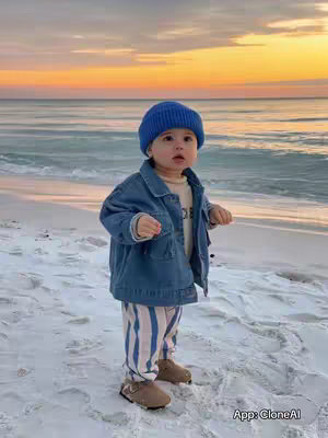A baby stands on a sandy beach, wearing a blue beanie, denim jacket, and striped pants. The background features an ocean and a colorful sunset.