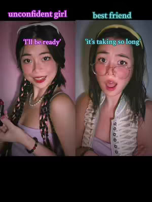The image is a split-screen selfie with two women. The left side presents a woman in a braid and lipstick. Text above her says'unconfident girl'. The right side shows the other woman wearing glasses and headband. Text above her says'best friend'. The background color is pink and teal.
