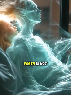 An image depicts two ethereal figures, one seemingly embracing the other, within a hazy, light-blue environment suggesting a spiritual or afterlife theme.  Highlighted text states 'DEATH IS NOT'.