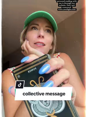 A woman with short blonde hair and wearing a green cap is holding up tarot cards and looking at the camera. A banner reading "collective message" sits across the bottom of the image. Text is overlaid at the top and right side of the image.