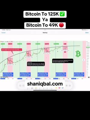 The image showcases a trading chart with lines and indicators. The top portion displays text comparison Bitcoin to 125K (with a check mark) versus Bitcoin to 49K (with a red dot). The Bitcoin symbol 'B' is prominent in green on the right, and a website address is presented on the bottom.