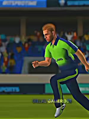 A rendered image of a cricket player in a green and navy uniform is running across a field. The background is blurred with stadium seating and crowd details.