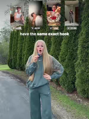 A woman in a green sweatsuit stands outdoors in front of a row of dense green trees. Behind her, there are small rectangular images, each showing a different scene from a video. Text overlayed indicates that hooks are being presented.