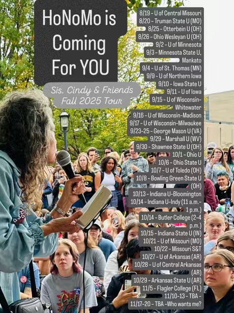 A woman with long grey hair speaks into a microphone in front of a crowd. To her left is a list of universities with dates. Above her and the list, a dark, abstract background contains white text announcing the "HoNoMo Fall 2025 Tour".