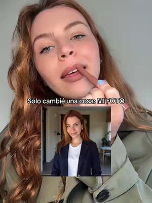 A selfie-style shot featuring a woman holding a lip liner. She is mid-application and looking upwards, possibly applying the product to her lips. Overlayed is a smaller image of the same woman in a business professional attire.