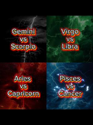 The image has a four-part grid showcasing zodiac sign pairings against a stormy, atmospheric background. Each section features text with a bold orange outline, labeling a pair of zodiac signs: Gemini vs Scorpio, Virgo vs Libra, Aries vs Capricorn, and Pisces vs Cancer.